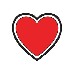 A vibrant red heart shape with black and white outline details