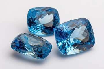 Three faceted blue gemstones on white background