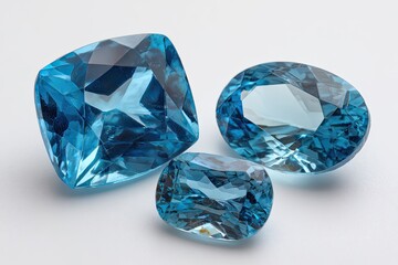 Three faceted light blue gemstones