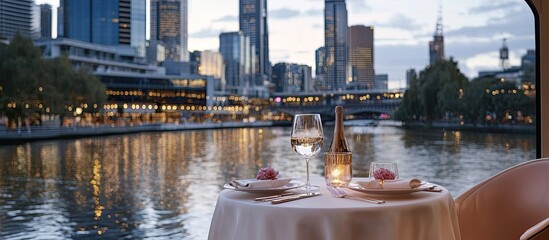 Naklejka premium Romantic Melbourne River Dinner: City Lights & Intimate Table Setting