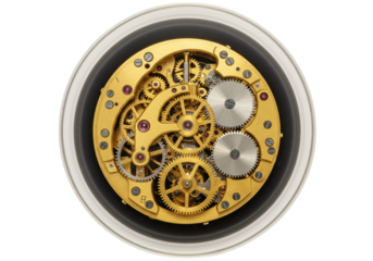 Complex golden watch mechanism isolated, intricate gears and cogs precision engineering timekeeping