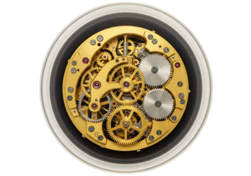 Complex golden watch mechanism isolated, intricate gears and cogs precision engineering timekeeping