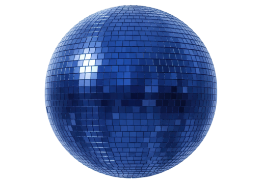 Blue disco ball isolated on transparent background, shiny mirror sphere for party decoration