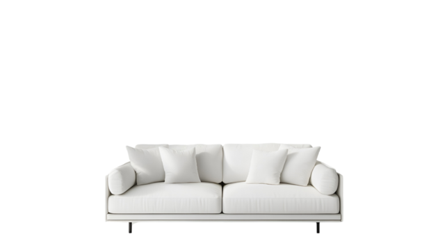 Stylish White Sofa with Cushions and Sleek Black Legs on Transparent Backdrop - Powered by Adobe
