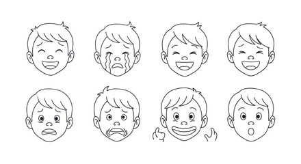 Cartoon Boy Faces Expressing Different Emotions: Happy Sad Angry Surprised and More.