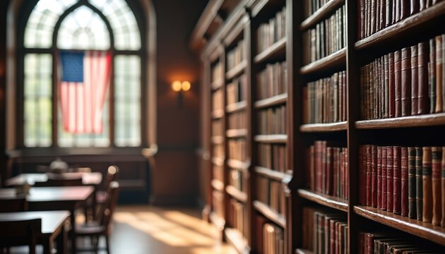 American flag visible through arched window in old library study room. Bookshelves filled with old books line walls near reading tables, creating calm academic ambience. Heritage, knowledge preserved.