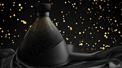 Opulent Black Bottle with Gold Sparkle, Elegant Fabric, and Shimmering Bokeh Lights