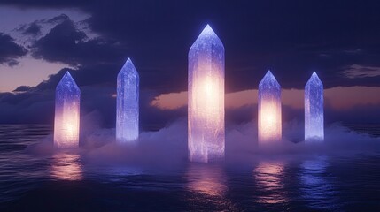 Ethereal Crystal Pillars Emerge from Misty Ocean Waters Under a Dramatic Twilight Sky