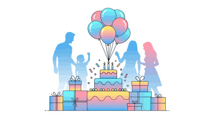 Obraz premium Colorful Birthday Celebration with Cake Balloons and Family Silhouettes.