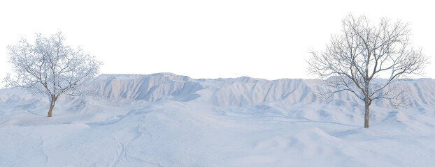3D render panoramic view of mountains in winter on a transparent background.	