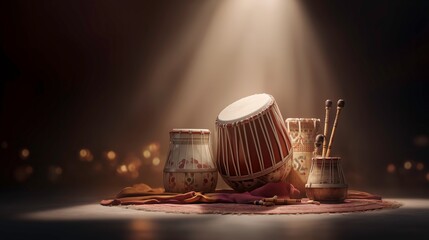 Tabla and dhol musical instruments arranged on decorative mat with light  