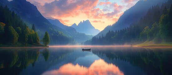 Serene Mountain Lake at Dawn with Lone Boat and Misty Hues