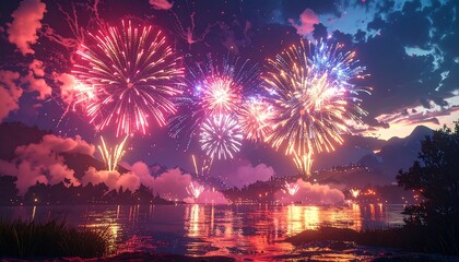 Fireworks over a lake at night
