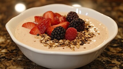 Close-up of a Creamy Berry Smoothie Bowl Topped with Fresh Strawberries, Blackberries, Raspberries, and Granola