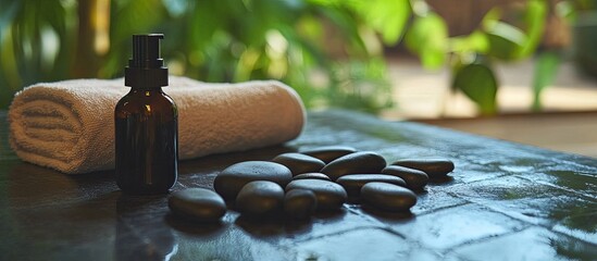 Serene Spa Setting: Smooth Stones, Rolled Towel, and Amber Dropper Bottle Amidst Lush Greenery