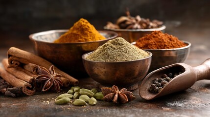 Assorted spices in bowls on rustic wooden table with scoop  