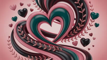 Abstract Heart Shapes with Flowing Ribbons and Floral Accents