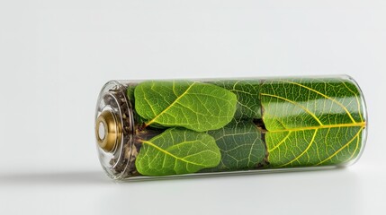 Eco-friendly battery filled with leaves representing renewable energy  