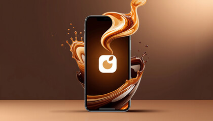 Coffee smartphone displaying logo with splash effect on brown background