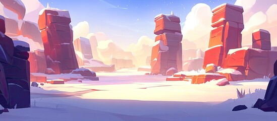 Vibrant Cartoon Winter Canyon: Majestic Snow-Capped Red Rocks in a Vast Frozen Valley