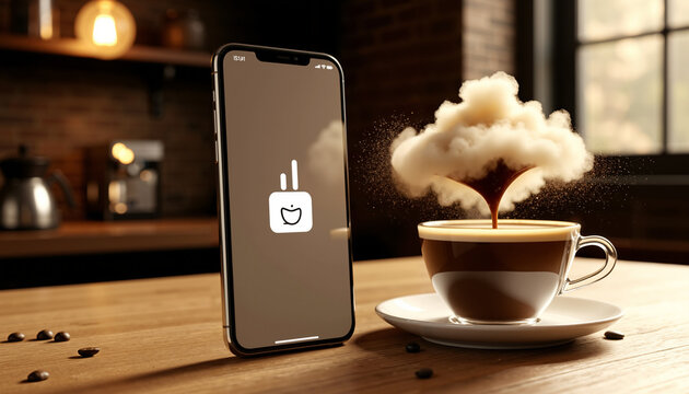 Smartphone displaying coffee app beside cup of coffee on wooden table - Powered by Adobe