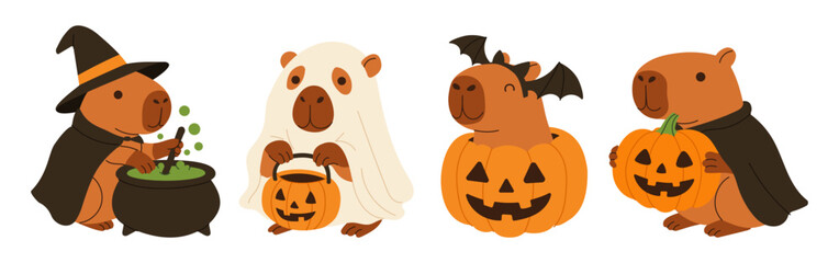 Four cute animals dressed in Halloween costumes, including a witch, are holding pumpkins and a cauldron