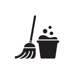 Broom and bucket with soap bubbles isolated on white background for cleaning