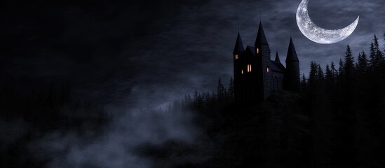 Enigmatic Gothic Castle Under Crescent Moon: Nighttime Fantasy Landscape
