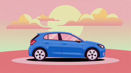 Blue Hatchback Car On Pink Circular Platform With Sunset Clouds