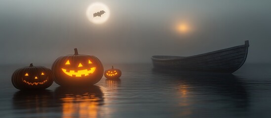 Halloween's Misty Embrace: Jack-o'-Lanterns and a Wooden Boat on a Foggy Lake