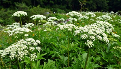 Lush field filled with white flowering plants, rich green foliage and blurry background
