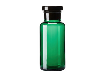 Green glass bottle with black stopper isolated on transparent background, vintage style container