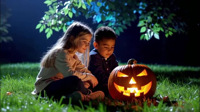 Dos niños sentados en un jardín oscuro, absortos en la contemplación de una calabaza de Halloween