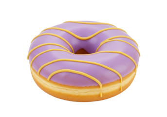 Delicious donut with purple icing and yellow drizzle isolated on transparent background, sweet treat