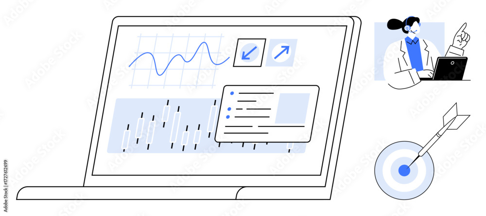 Poster laptop screen displaying analytics, graphs, and concepts. businessperson consulting. arrow hitting b