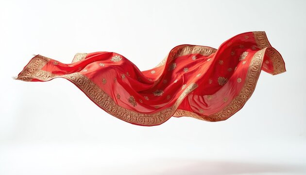 Red indian sari with golden embroidery flows mid-air. Traditional fabric drifts gracefully, its delicate material creating elegant waves against a clean white backdrop.