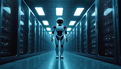 Robot stands in a data center aisle filled with glowing server racks. AI and future tech converge in this digital environment. Advanced computing infrastructure.
