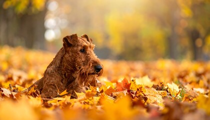 Irish Terrier in autumn leaves
