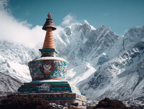 Ancient Buddhist Stupa or Chorten in the Himalayas, adorned with intricate artwork, set against a backdrop of snow-capped mountains and a clear blue sky, evoking a sense of spirituality and adventure