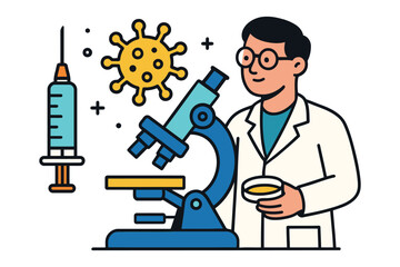 Scientist in lab coat examines virus under microscope near syringe and petri dish