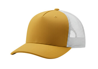 Fototapeta premium Mustard yellow trucker hat isolated on white, casual headwear for sports and outdoor activities