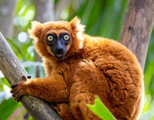 Fototapeta premium Close-up of a reddish lemur in a tree
