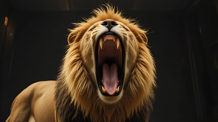 A powerful male lion with golden mane, roaring with mouth open and teeth visible, captured mid-motion from a low angle to emphasize dominance.