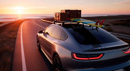 Modern SUV Loaded for Adventure: Surfboard, Skateboard, and Luggage on a Road Trip

