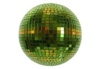 Green disco ball isolated on white, shiny mirror sphere for party and dance floor