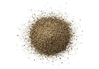 Coarse ground black pepper flecks of various particle sizes scattered on a transparent background, top-down flat lay, extreme macro shot, concept for culinary ingredient advertising