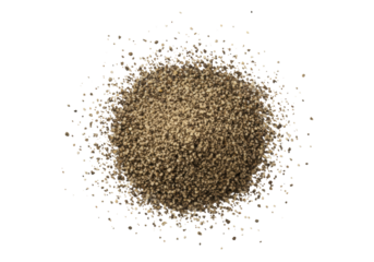 Coarse ground black pepper flecks of various particle sizes scattered on a transparent background, top-down flat lay, extreme macro shot, concept for culinary ingredient advertising