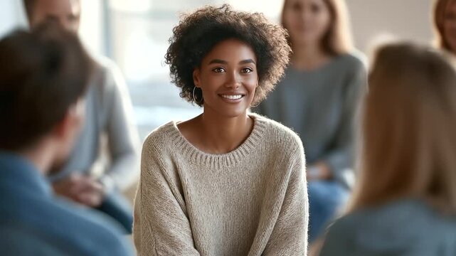 Support Group Circle Sharing. A diverse group of people sitting in a circle in a safe space, one person sharing their story while others listen supportively.