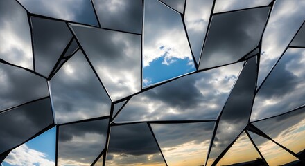 Abstract sky reflection in geometric mirror mosaic art installation design