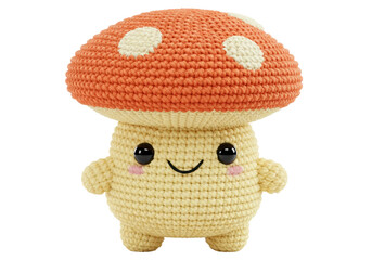 Cute crochet mushroom toy isolated on transparent background, handmade amigurumi kawaii mushroom